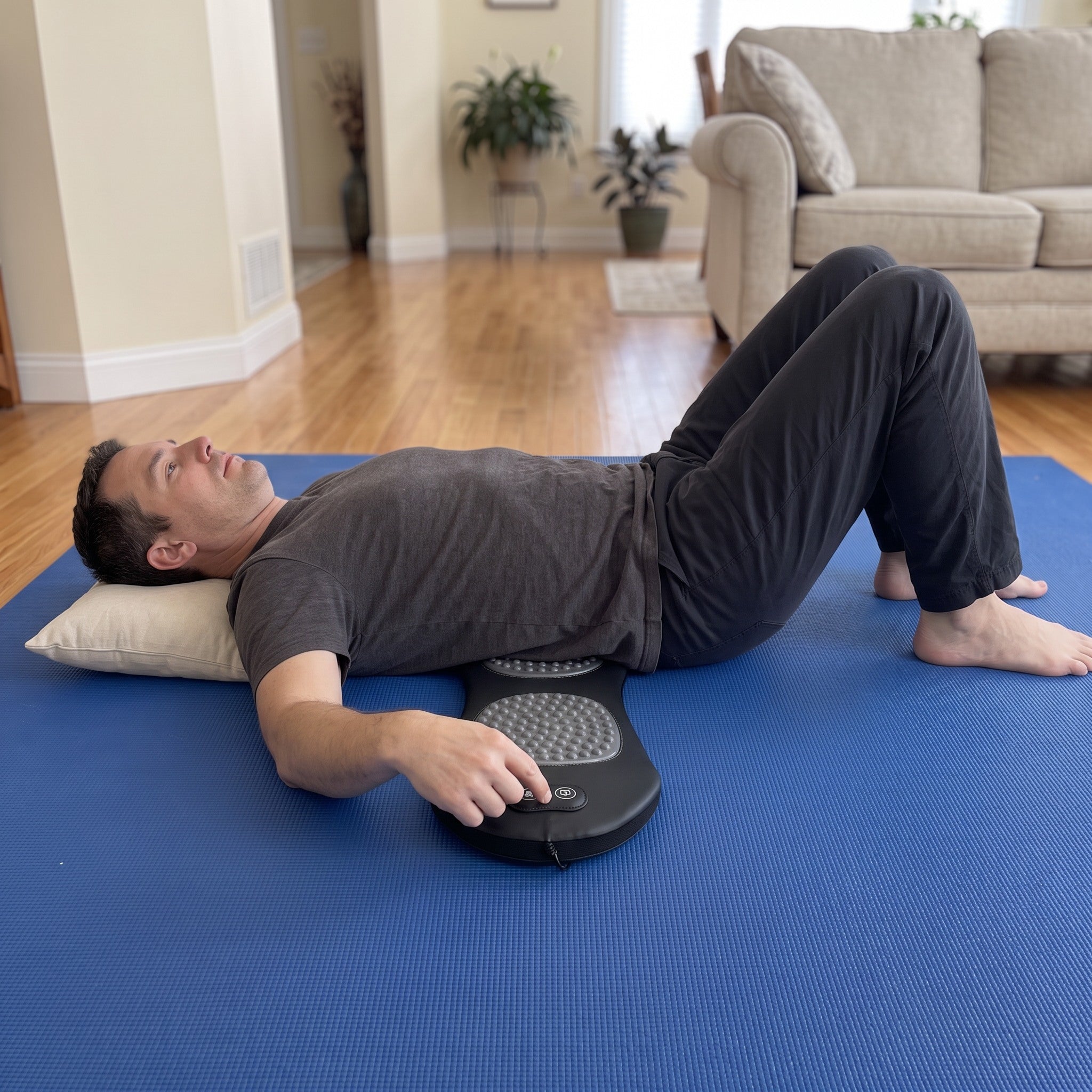 Customer lying on Easeback and reaching its side control