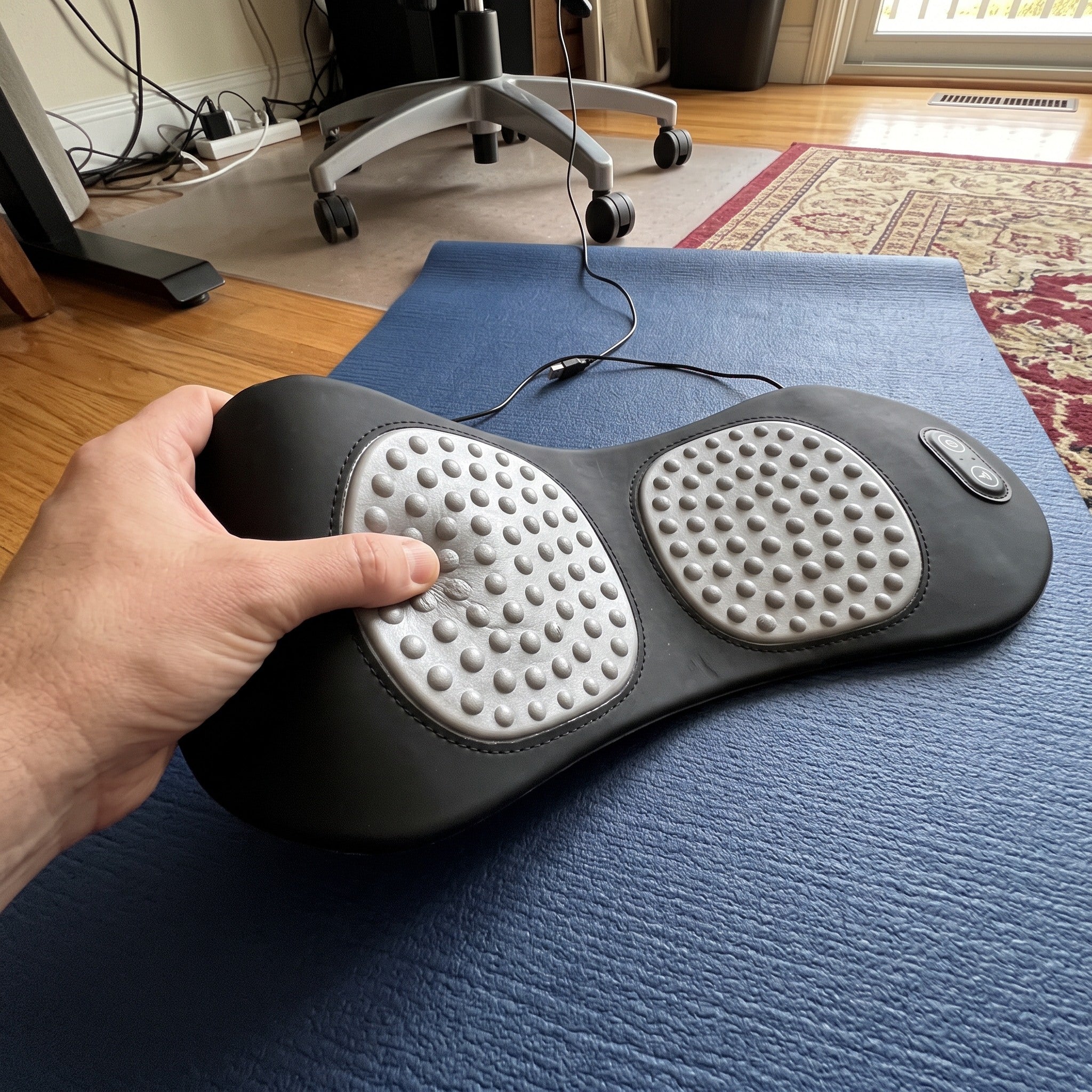 Hand checking Easeback on a blue mat