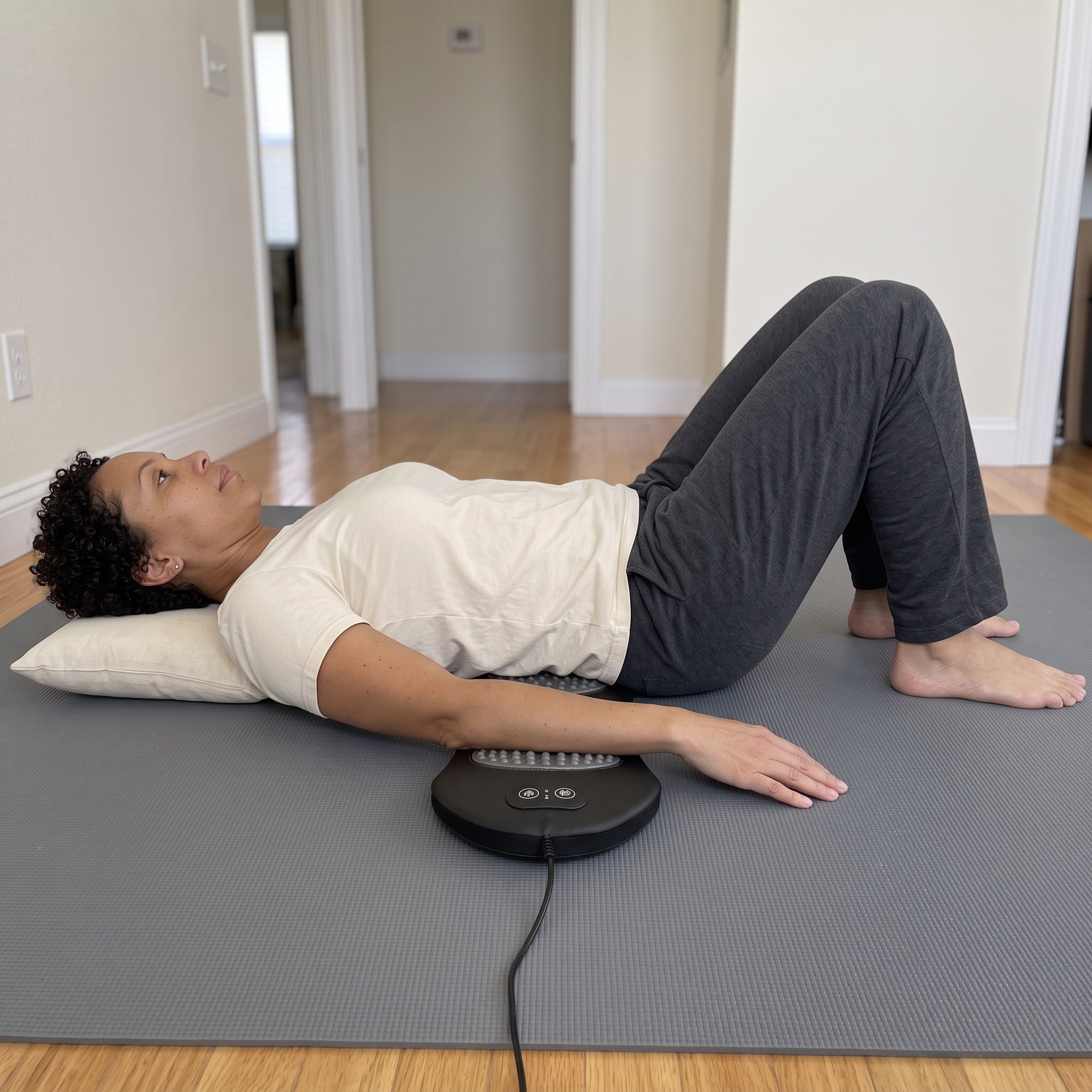 Sarah lying on Easeback with both arms resting on the mat